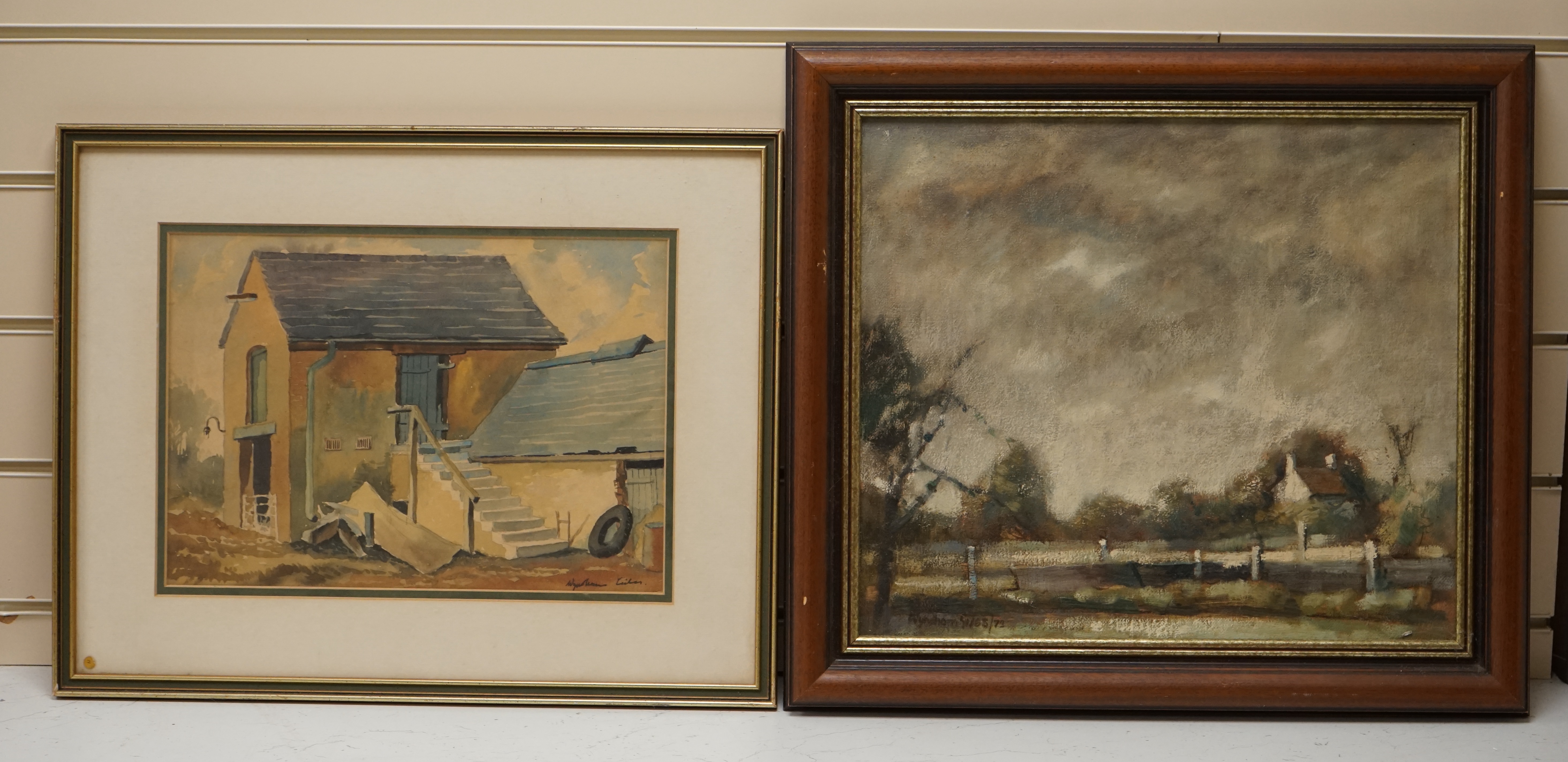 Wyndham Edwin George Giles, an oil on canvas, Stormy landscape, signed and dated ‘72, together with a watercolour by the same artist, ‘Farm Buildings, Staffordshire’, largest 34 x 39cm. Condition - fair to good